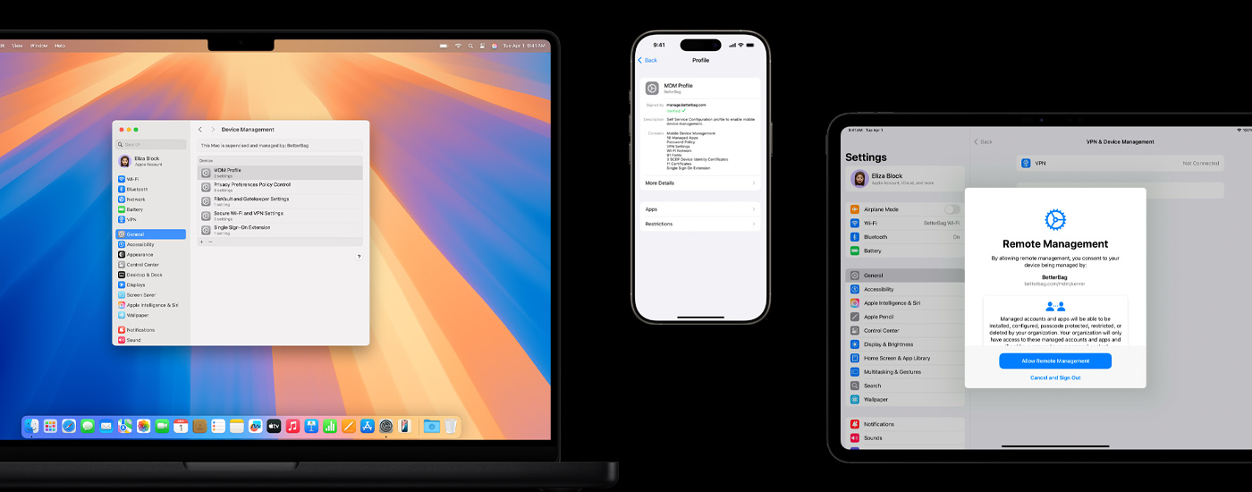一台 Mac 和一部 iPad 显示远程管理窗口。一台 iPhone 显示 MDM 描述文件的设置。