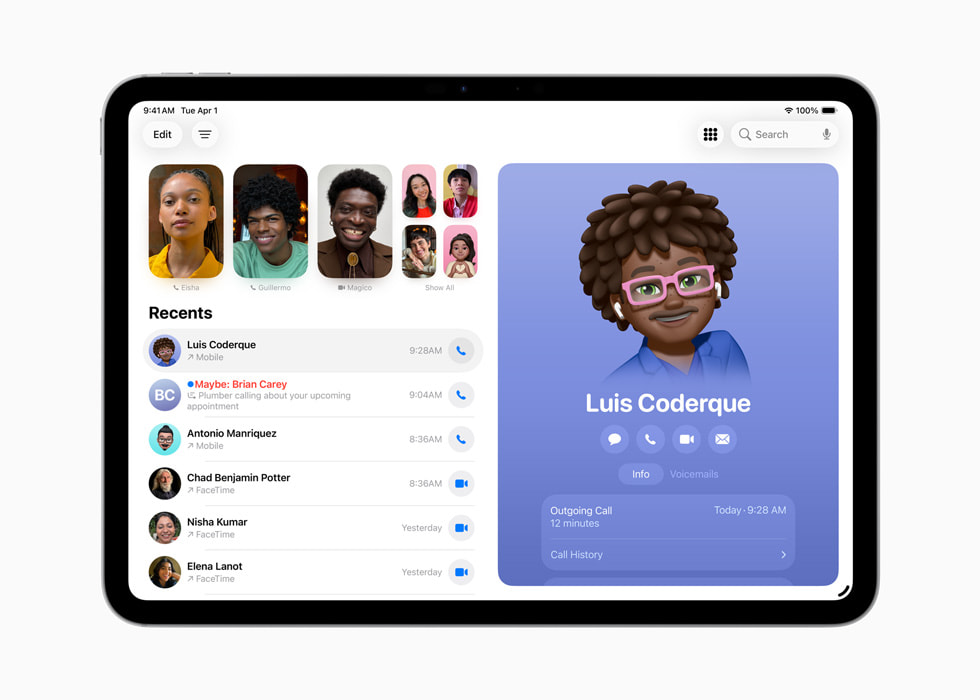用户 iPad 上显示着电话 app。
