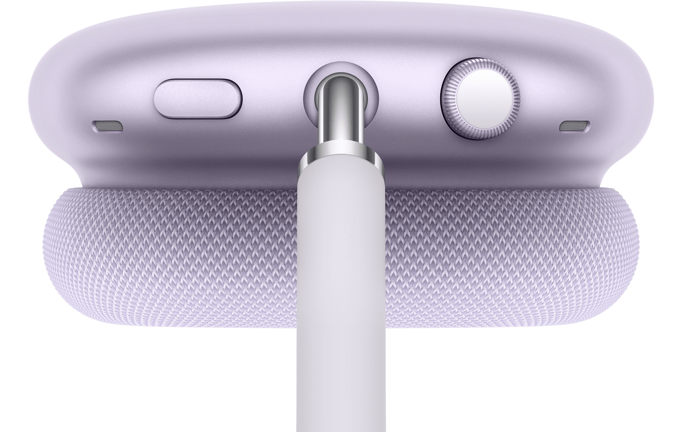 图片阐释通透模式功能,配有横线指向 AirPods Max 的噪声控制按钮。